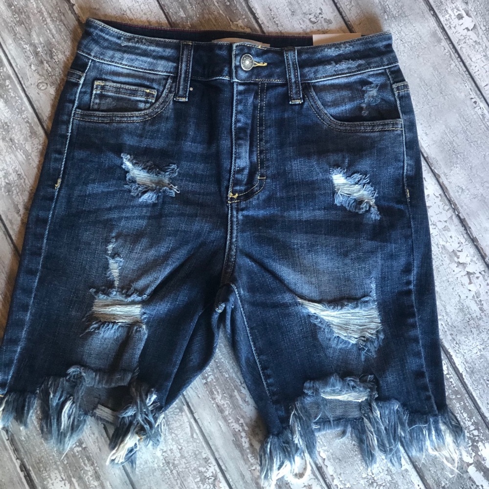 Dark Wash Distressed Mid Rise Denim Bermuda Shorts